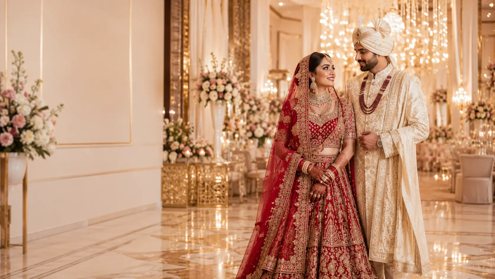 Bride in a lehenga and groom in a sherwani at a Dubai wedding