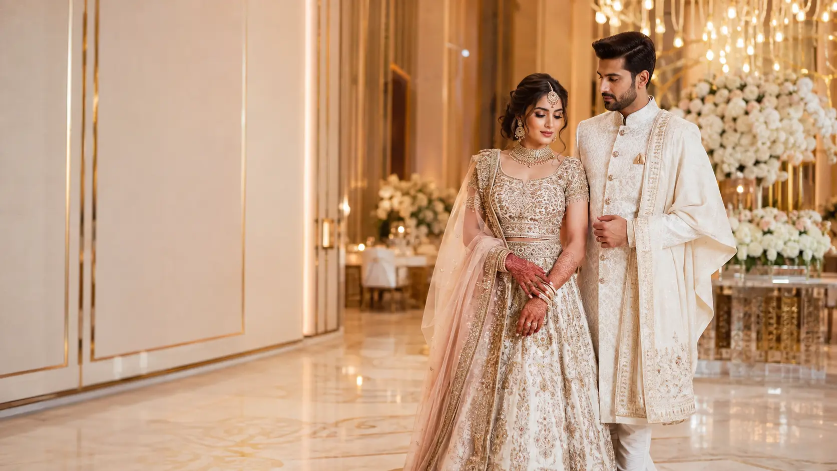 Bride and groom wearing elegant wedding outfits in Dubai